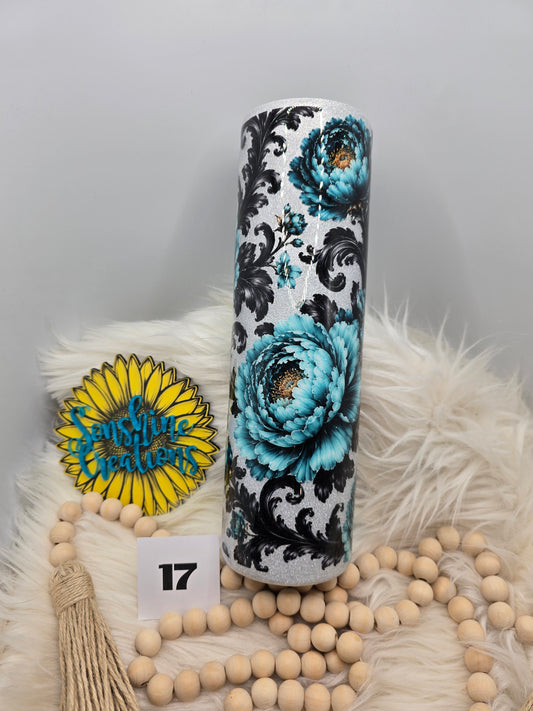 #17 - 35oz Skinny- Teal floral tooled leather