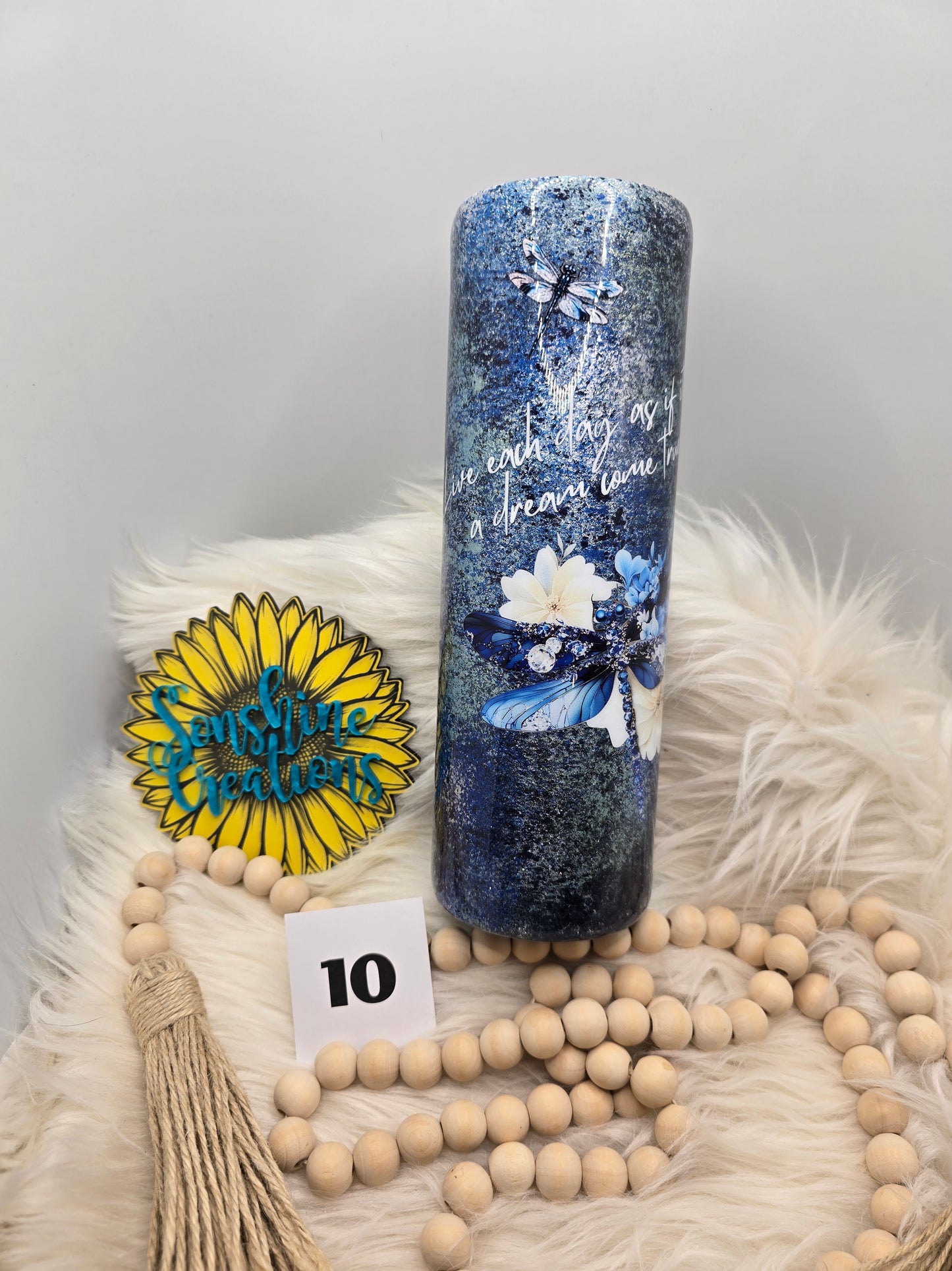 #10 30oz Skinny- Blue silver patina- Dragonflies "Live each day as if its a dream come true"