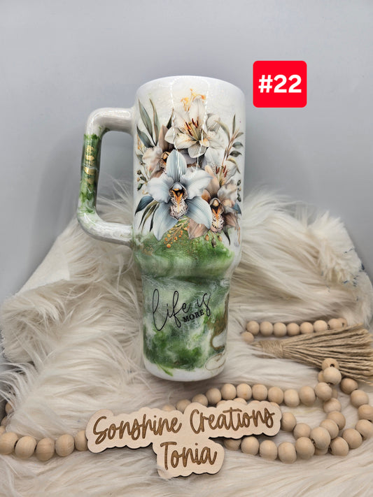 #22 Live Sale 5/03/2026 - 40oz Handle- Green Marble- Flower "Life is more"