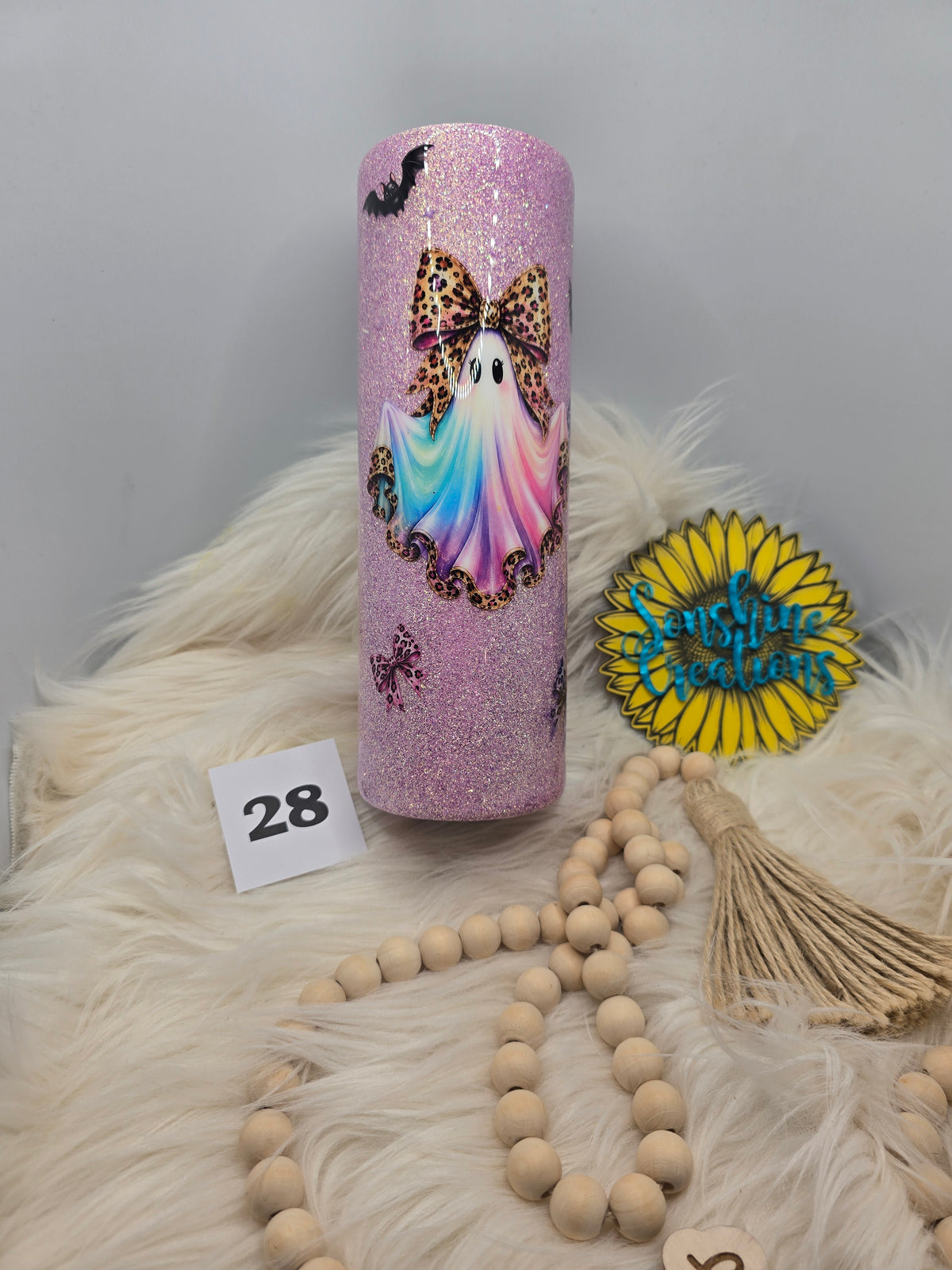 #28 - 30oz Skinny - Leopard Ghost & Bows - Pink Glitter