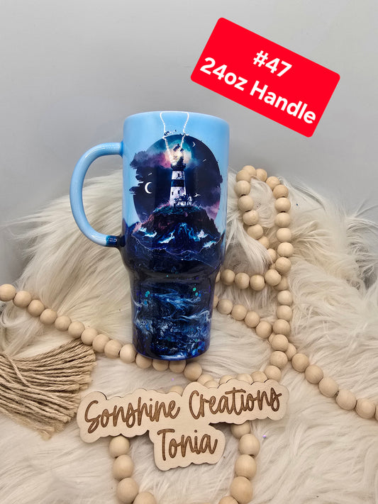 #47 Tonia's Live Creations : 24oz mug- storm light house "Stronger than the storm"