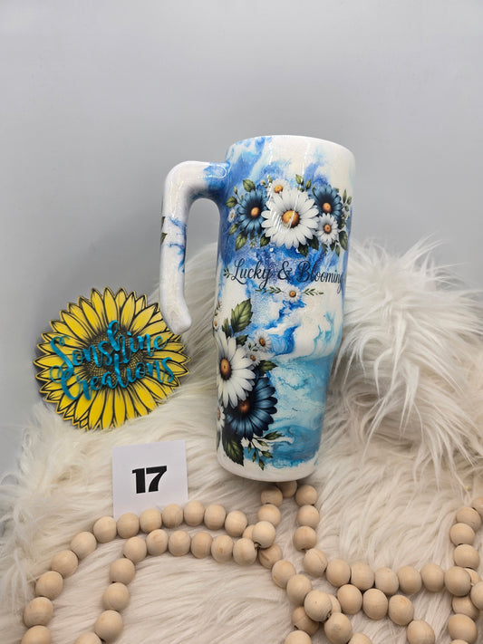 #17 - 30oz Grippy - Blue Marble with Daises and Lucky & Blooming quote