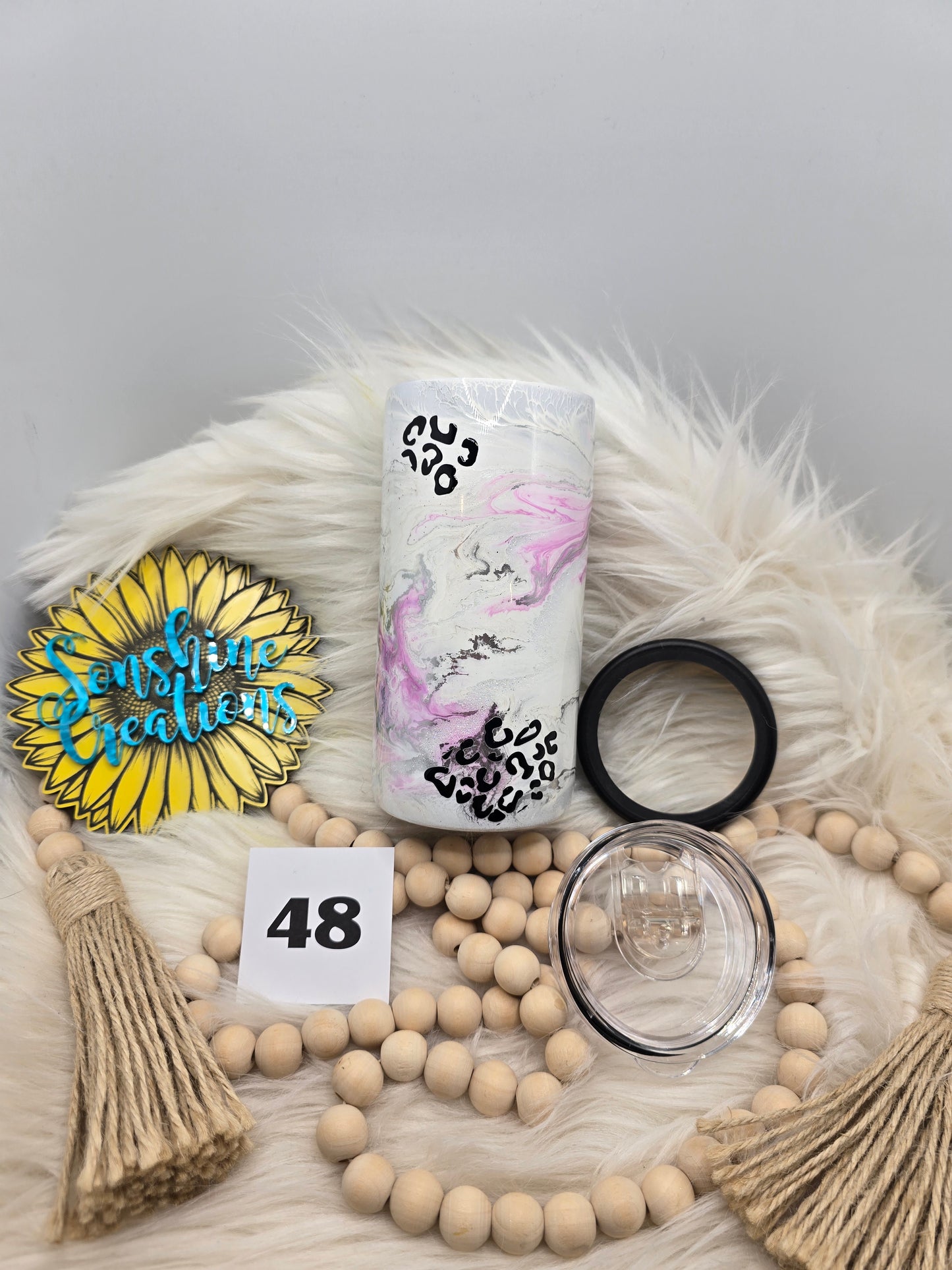 #48- 12oz Slim can cooler/cup-  Purple elegance with leopard- "Always stay strong"