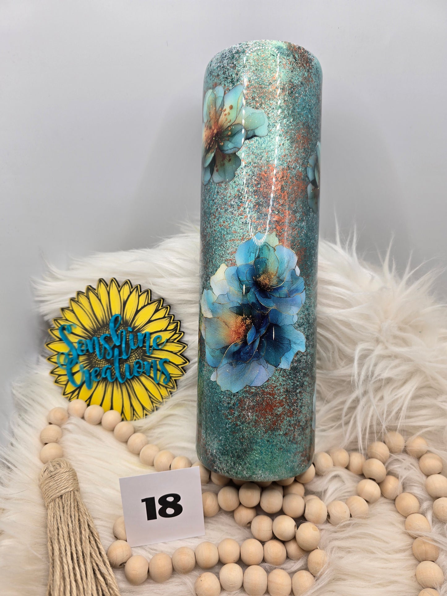 #18 - 35oz Skinny- Teal, copper patina- Don't look back quote with flowers