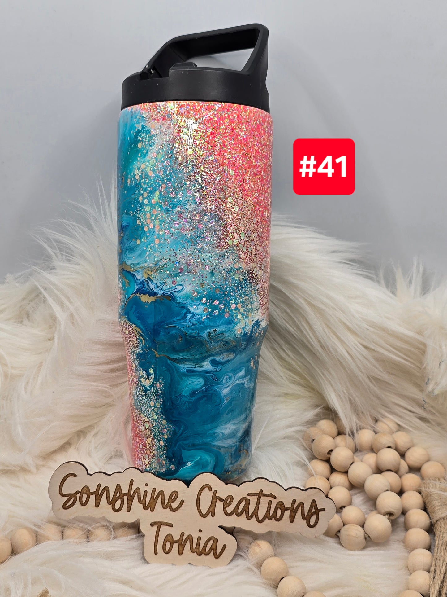 #41 Live Sale 2/01/2026 - 30oz Clipmate- Coral glitter teal ink swirl tropical flower