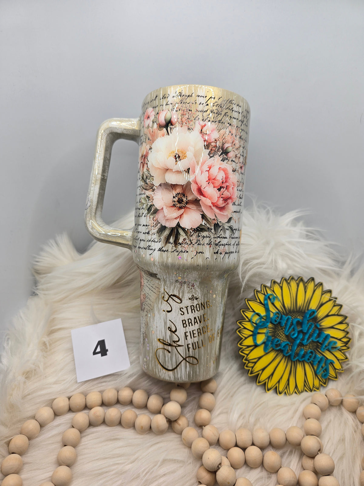 #4 - 40oz handle - Gold Woodgrain with Floral and She Is quote