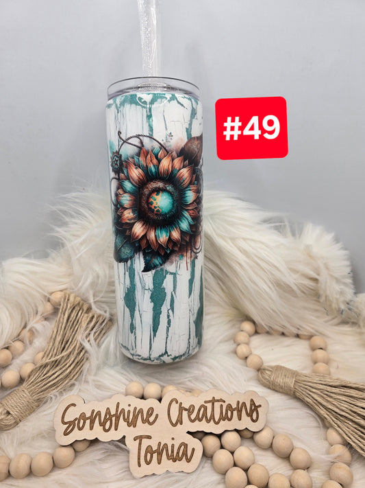 #49 Live Sale 3/15/2026 - 20oz Skinny- Teal white crackle- Sunflower