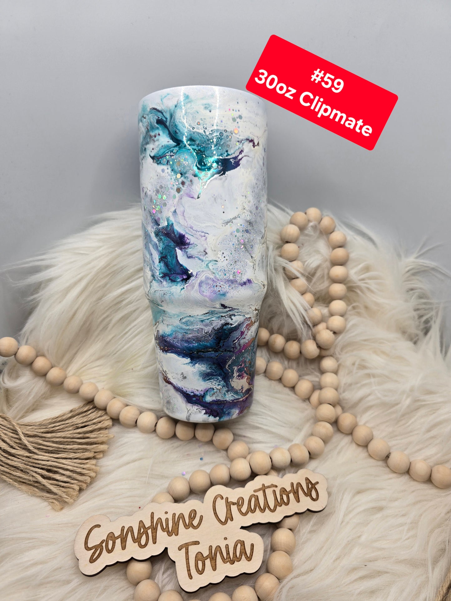 #59 Tonia's Live Creations : 30oz Clipmate- Teal, Purple chrome zippy elegance **Decal can be added**