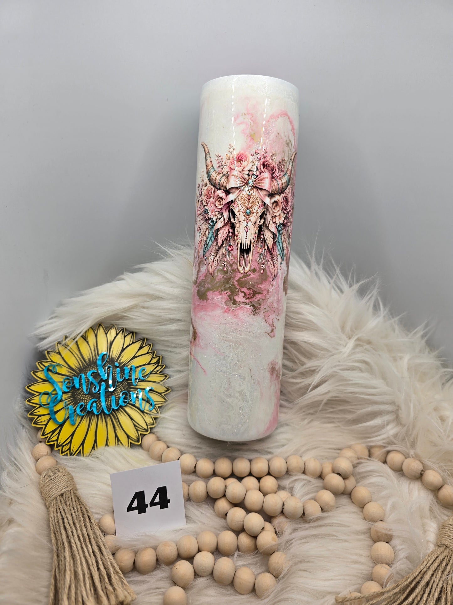#44- 32oz Tipsy plump- Pink marble- western bow / Cow skull