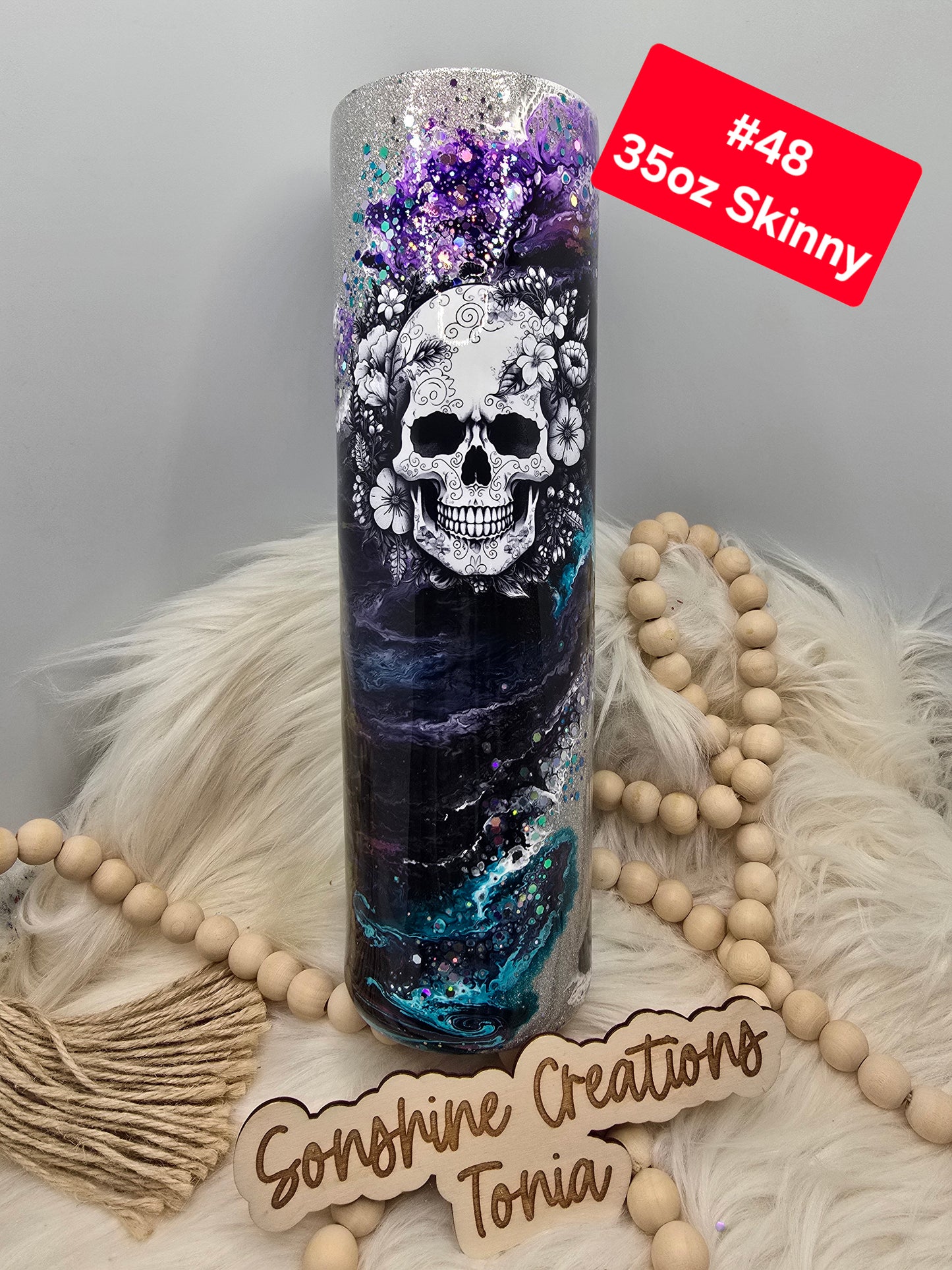 #48 Tonia's Live Creations : 35oz Skinny- Teal purple clouds- Floral skull
