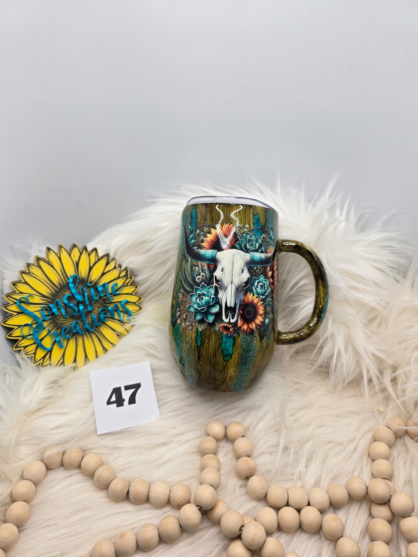 #47 - 16oz Coffee Mug - Teal Pebble Woodgrain with Cow Skull