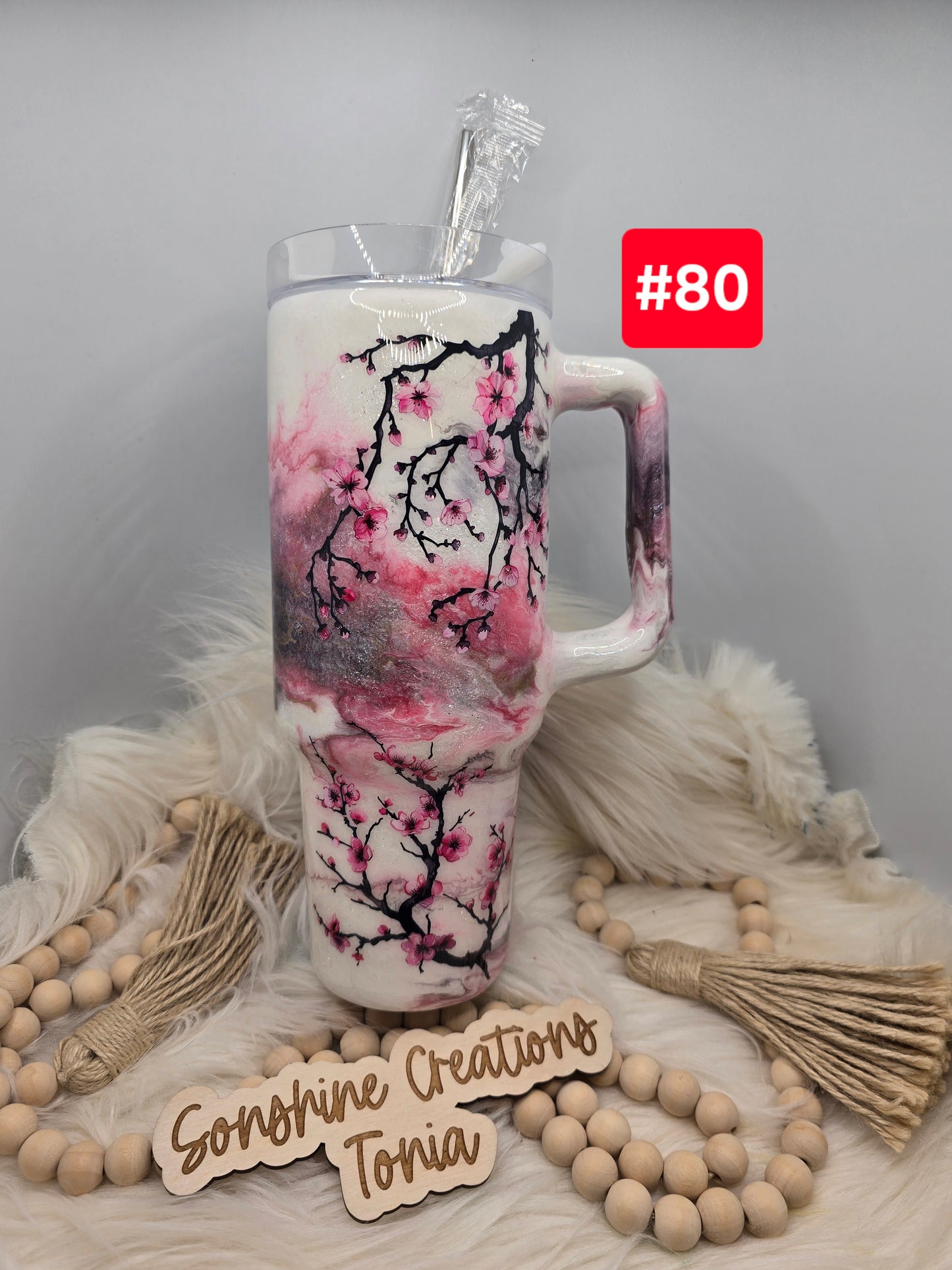 #80 Live Sale 3/15/2026 -40oz Handle- Pink Marble- Cherry Blossoms- Life is tough