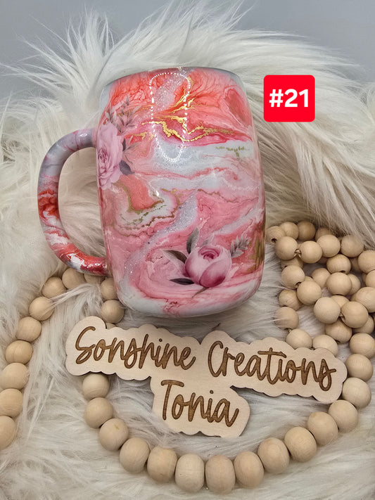 #21--Live Sale 12/07/2025 - 14oz Coffee mug- Pink coral ink swirl with flowers