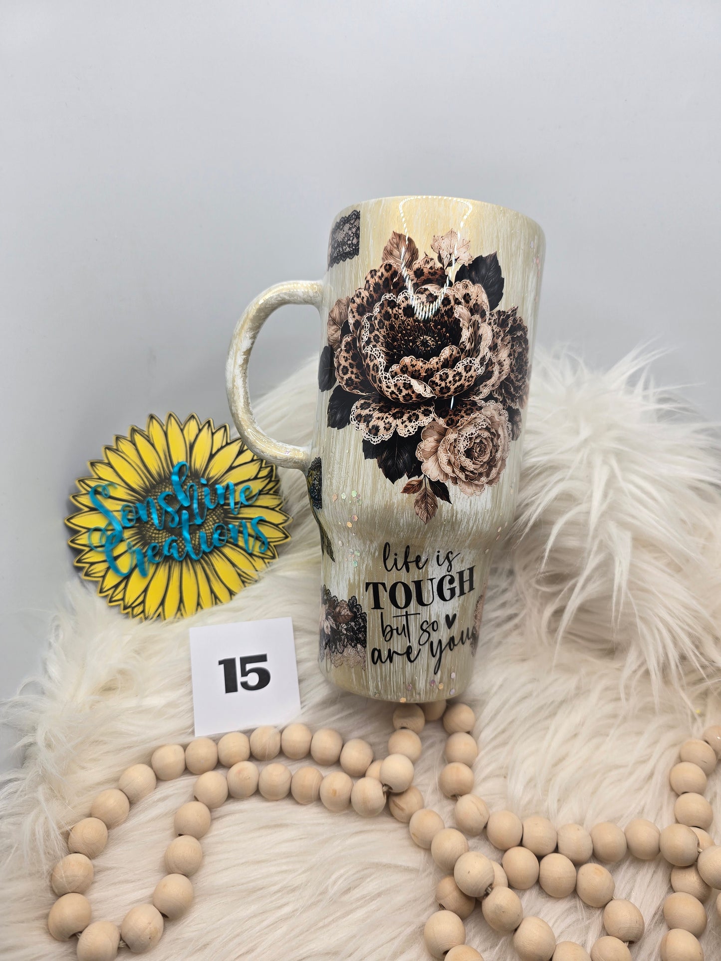 #15 - 32oz Tipsy Traveler - Gold Woodgrain with Leopard Flowers and Life Is Tough quote