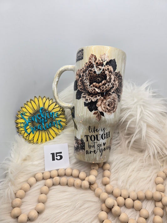 #15 - 32oz Tipsy Traveler - Gold Woodgrain with Leopard Flowers and Life Is Tough quote