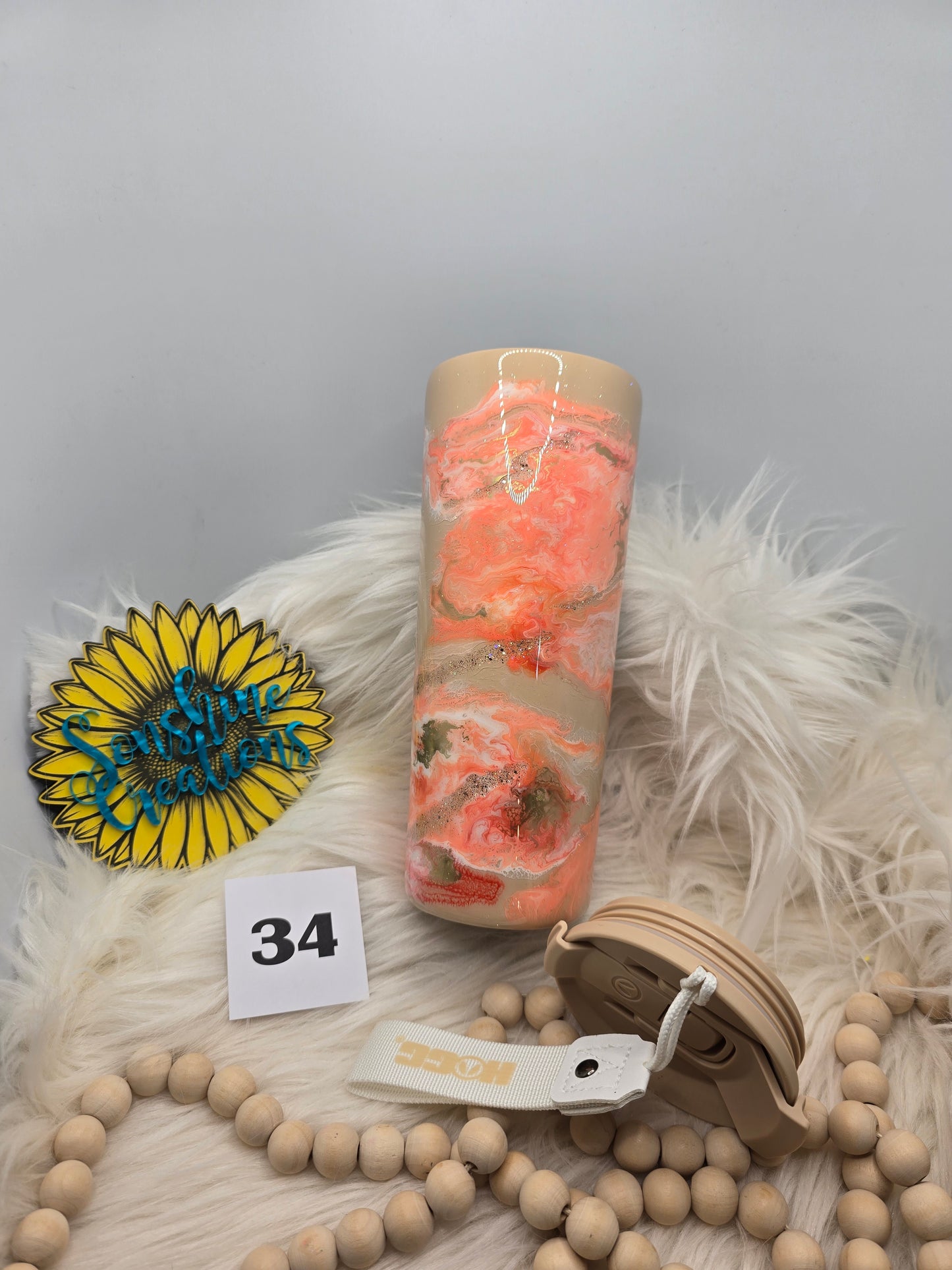 #34 - 24oz Dual Flip, tan lid - Orange Ink Swirl with Teal Fall Truck