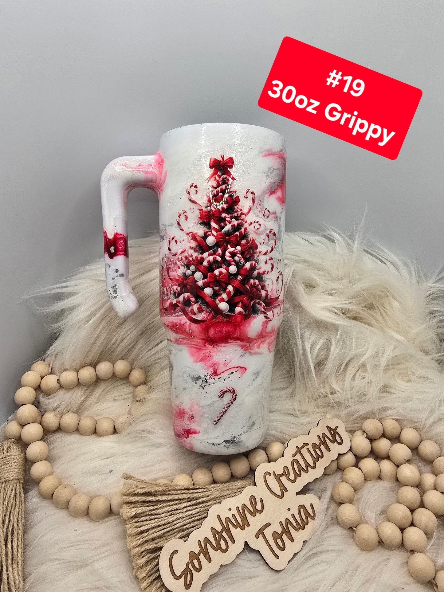 #19 Tonia's Live Creations - 30oz Grippy- Candy cane tree, red elegance