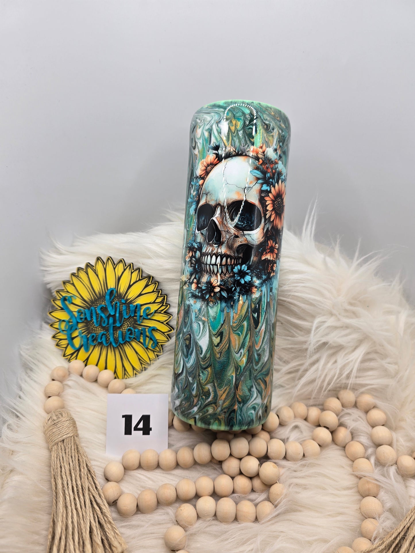 #14 - 30oz Skinny- Peacock technique w/ glow-Sunflower skull