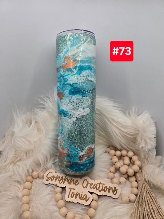 #73-Live Sale 12/07/2025 - 35oz Skinny- Teal glitter, teal copper clouds