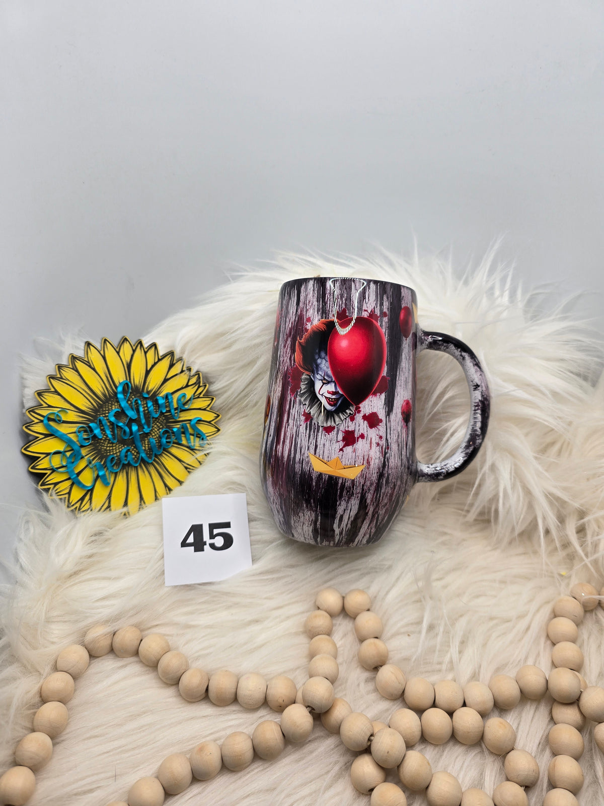 #45 - 16oz Coffee Mug - Black/Red Woodgrain with Pennywise