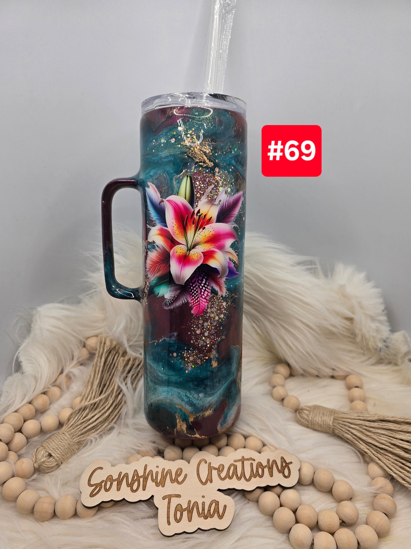 #69 Live Sale 3/15/2026 - 30oz Skinny hoggdle- Teal reverse marble- tiger lily