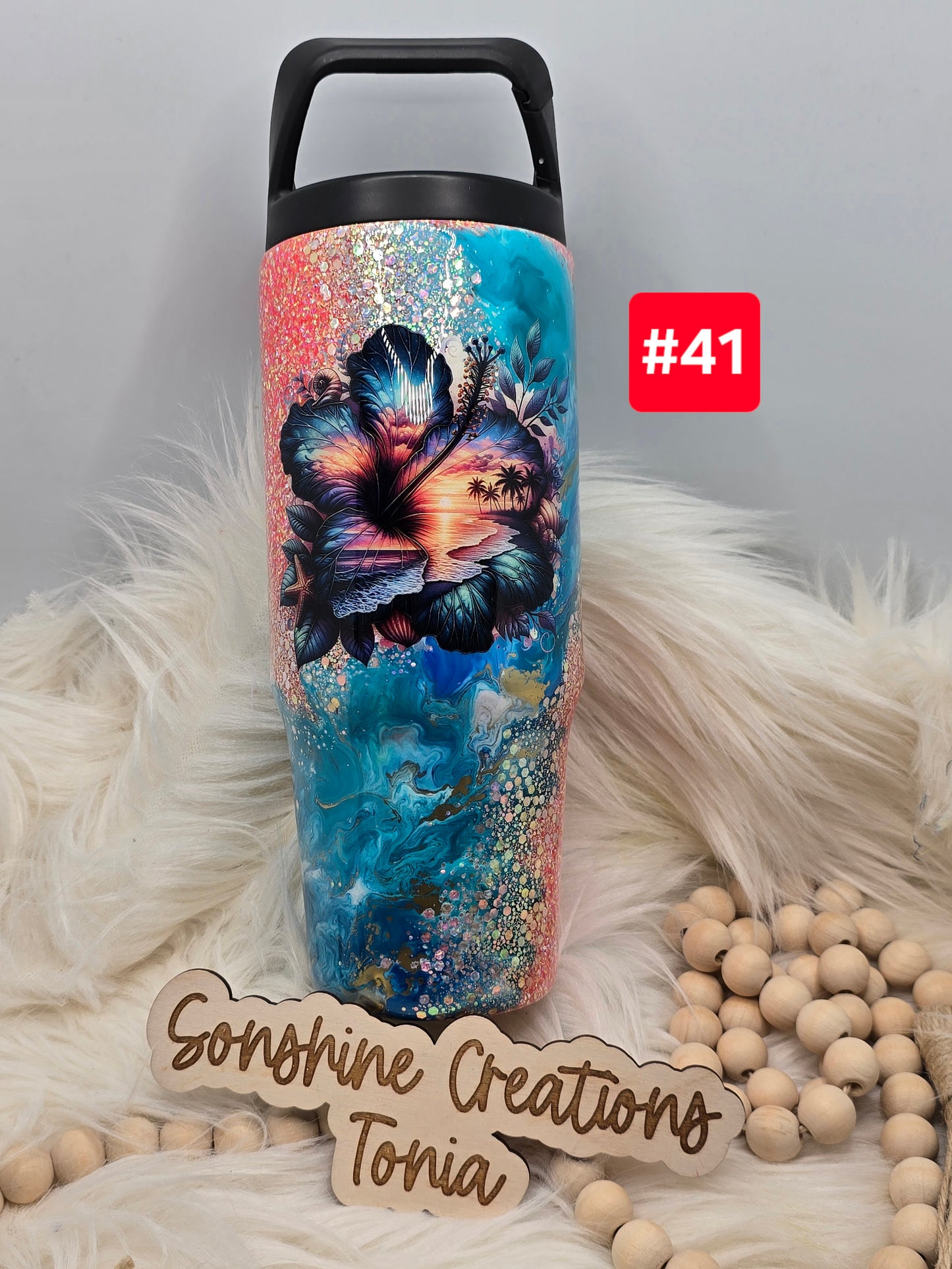 #41 Live Sale 2/01/2026 - 30oz Clipmate- Coral glitter teal ink swirl tropical flower