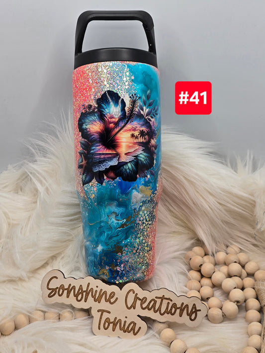 #41 Live Sale 2/01/2026 - 30oz Clipmate- Coral glitter teal ink swirl tropical flower