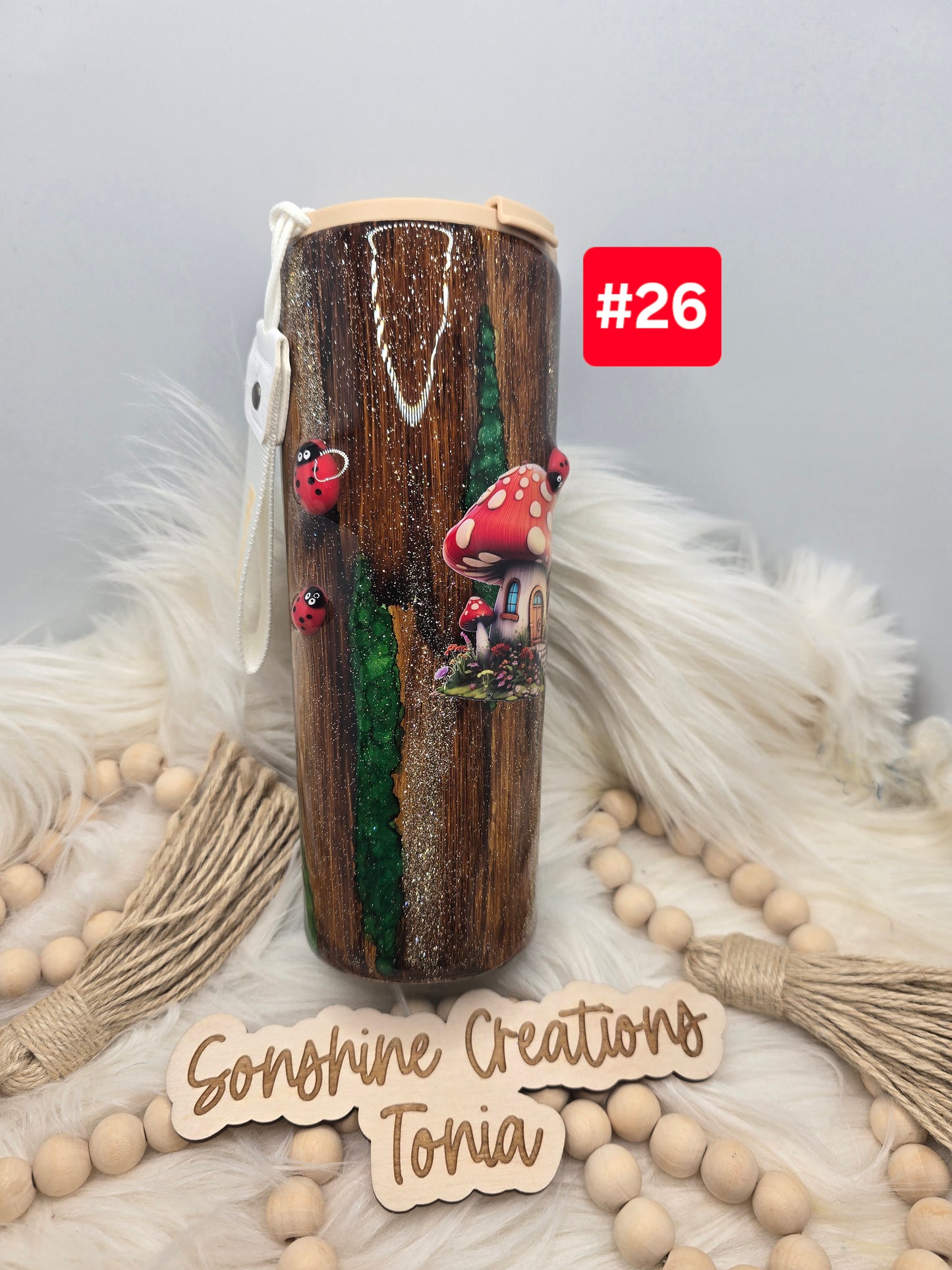 #26 Live Sale 3/15/2026 - 24oz Dual Slip with tan lid- Woodgrain with green pebbles Mushroom and ladybugs