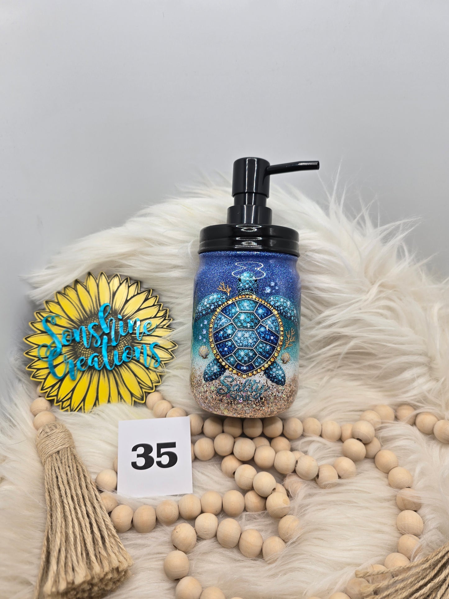 #35- 16oz Glass mason jar soap dispenser- Beach ombre- Turtle Salty soul