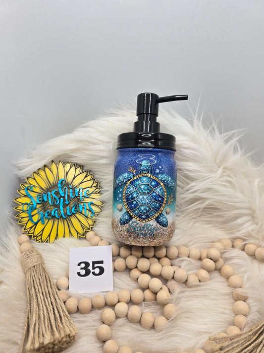 #35- 16oz Glass mason jar soap dispenser- Beach ombre- Turtle Salty soul