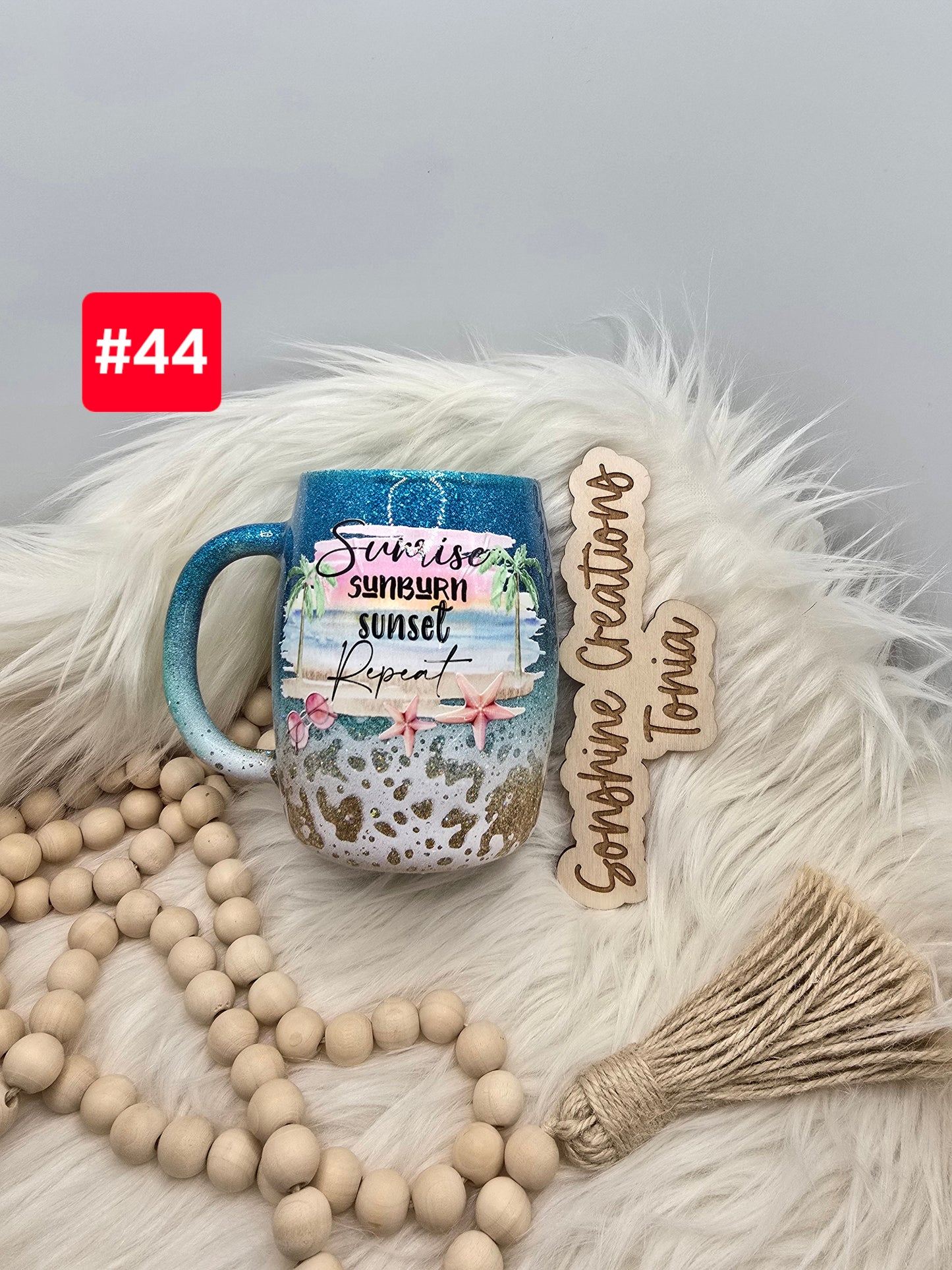 LIVE SALE 5/042025 - #44- 14oz coffee mug: Sunrise, sunburn, sunset Repeat beach