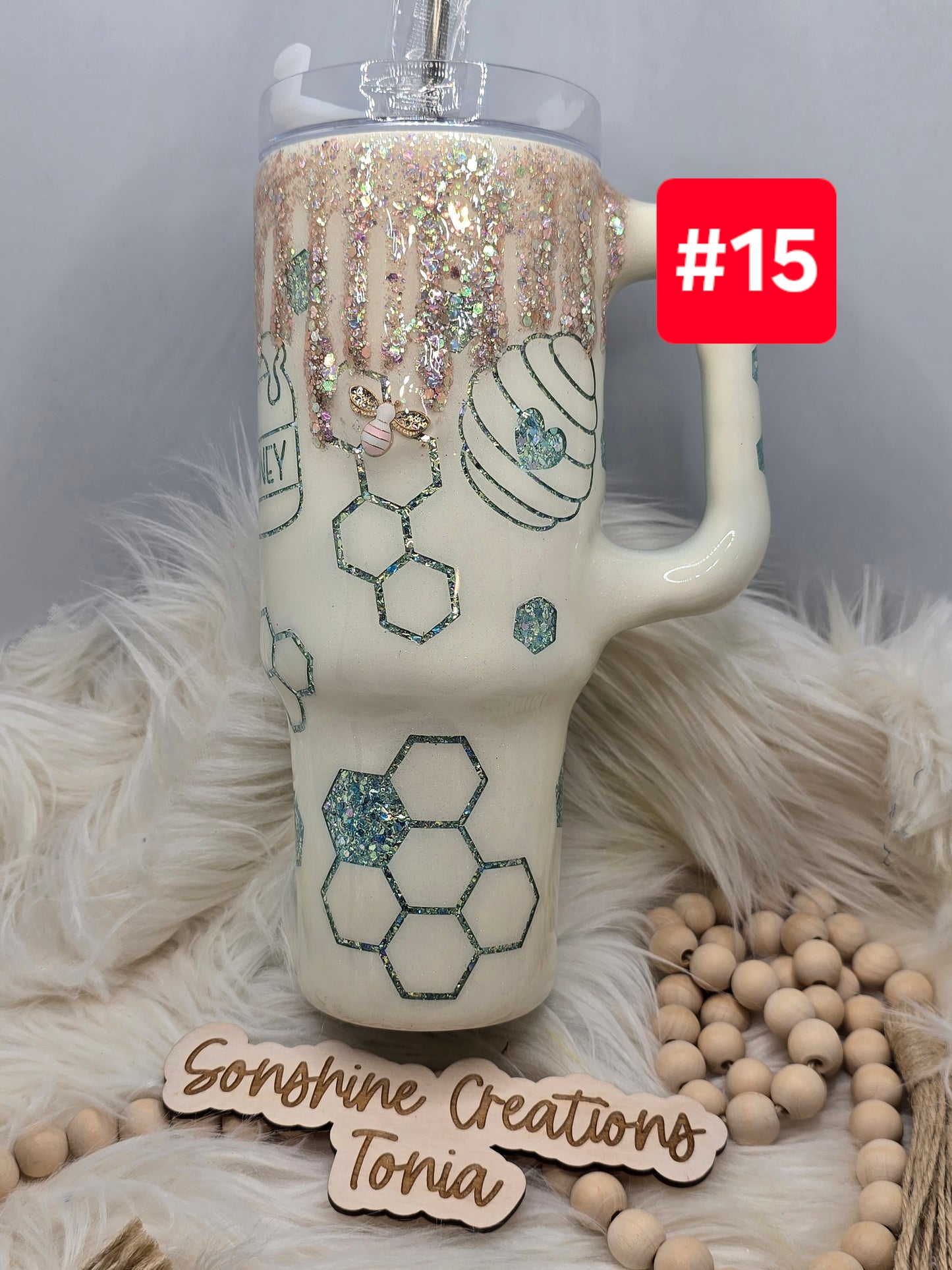 #15 Live Sale 2/01/2026 - 40oz Handle- Teal floral Bee, peakaboo w/ Bee charms