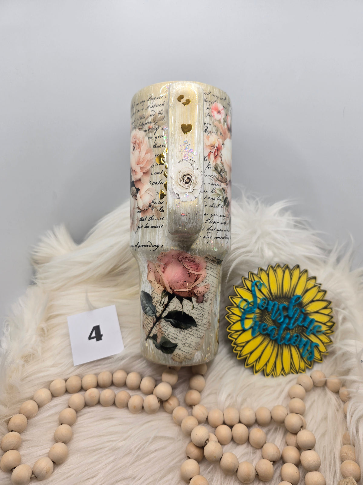 #4 - 40oz handle - Gold Woodgrain with Floral and She Is quote