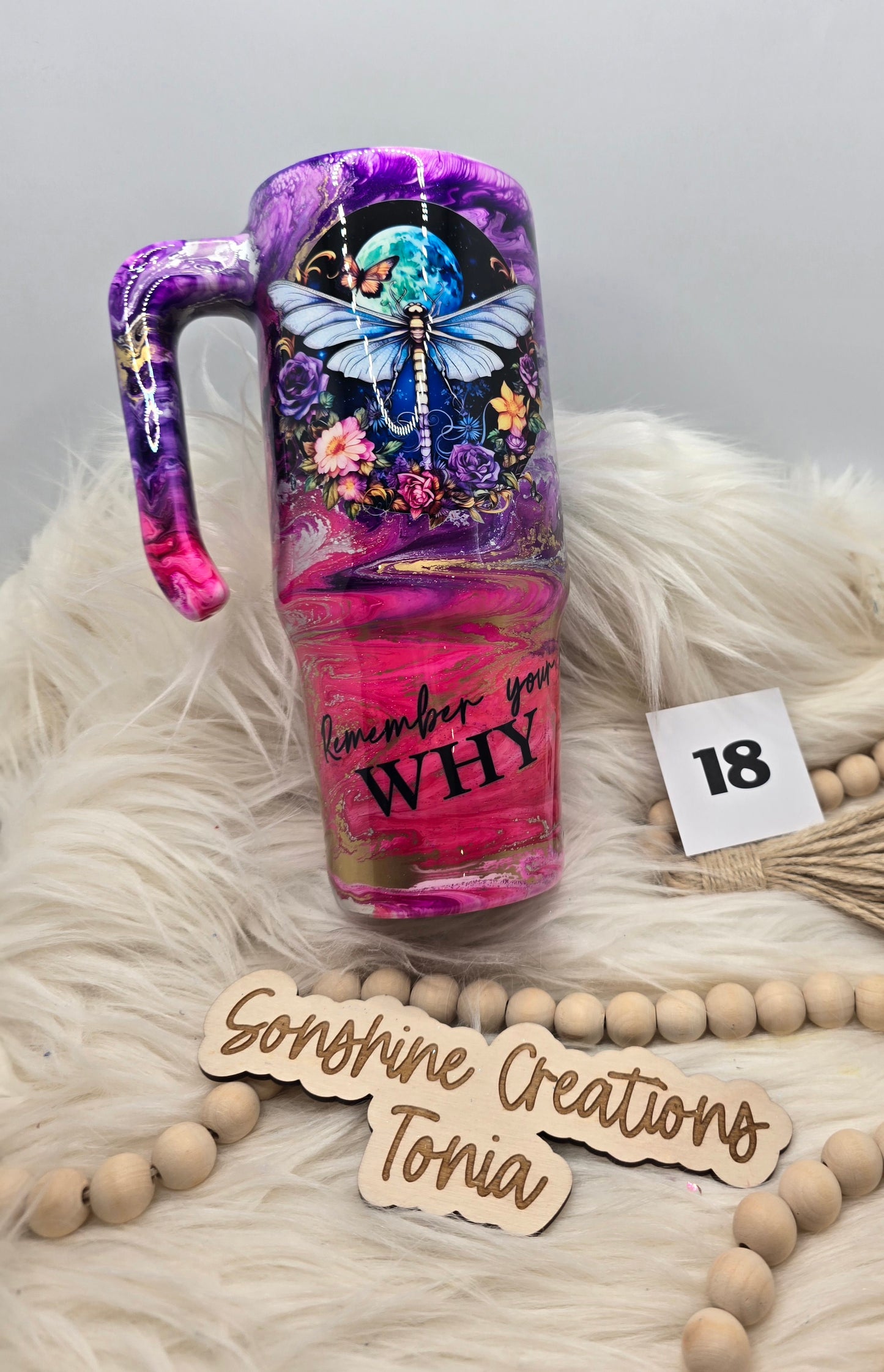 #18 Live Sale 5/31/2026 - 30oz Grippy- Half & Half- Purple pink swirl- Dragon fly "Remember your why"