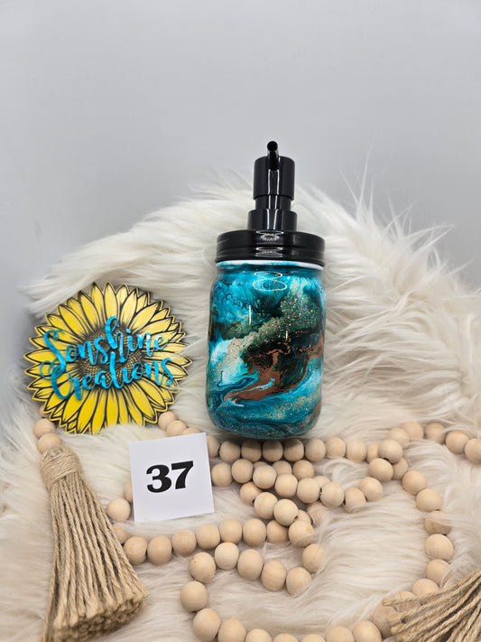 #37- 16oz Glass mason jar soap dispenser- Teal, brown, copper swirl