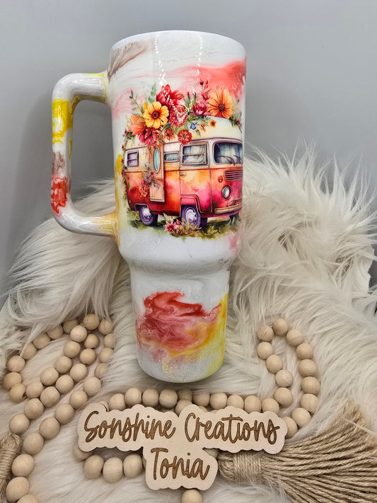 Birthday Drop 06/06/2025 -40oz Handle- Coral, Yellow and copper elegance Volkswagen Bus