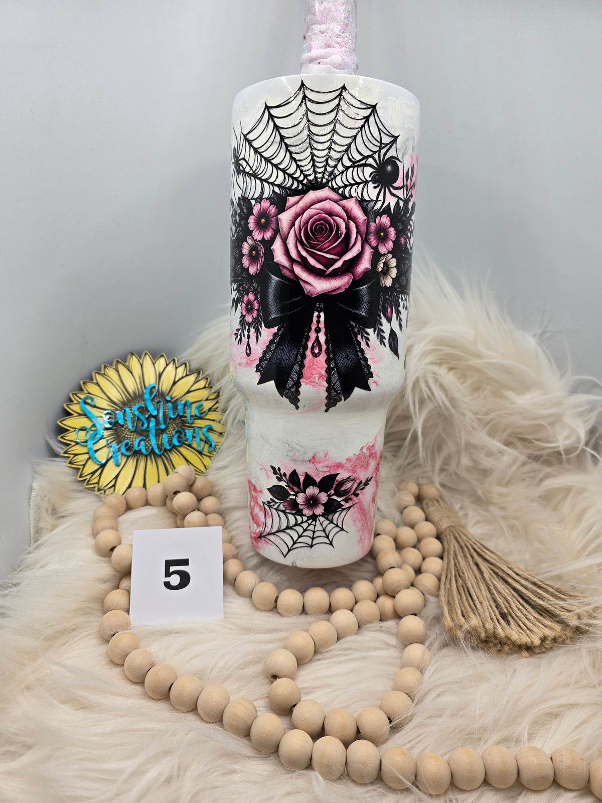 #5 - 40oz Handle - Pink Ink Swirl - Spiderweb Bow