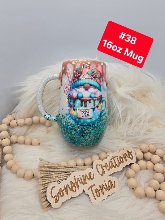 #38 Tonia's Live Creations : 16oz Coffee mug- Peace on Earth teal gnome cocoa drip