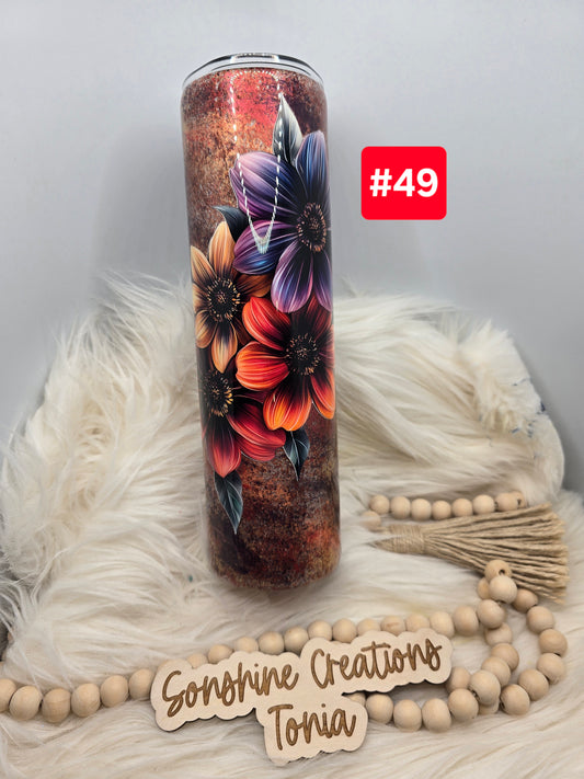#49 Live Sale 5/03/2026 - 35oz Skinny- Patina Purple, orange, yellow- Large flower