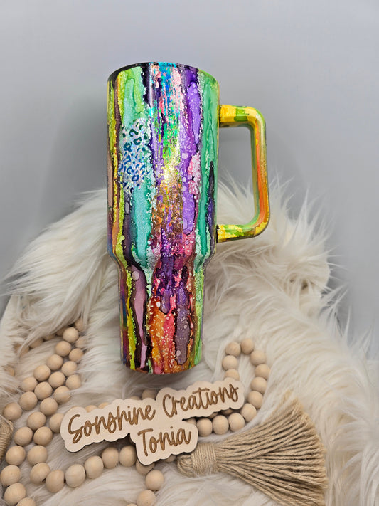 Birthday Drop 06/06/2025 -40oz Handle- Pastel Rustic Raindrop, Rainbow foils