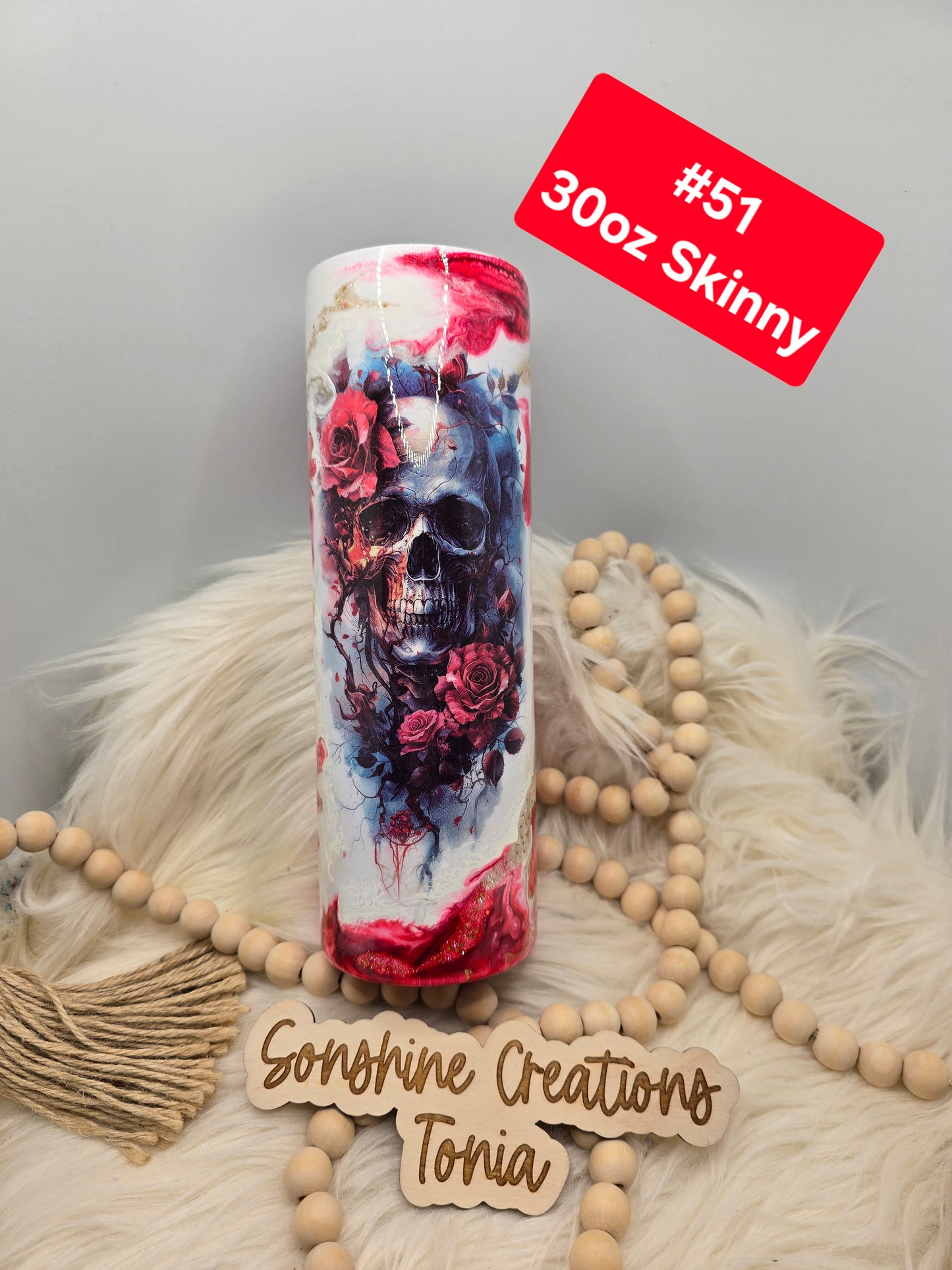 #51 Tonia's Live Creations : 30oz Skinny- Skull rose tattoo- Red swirl