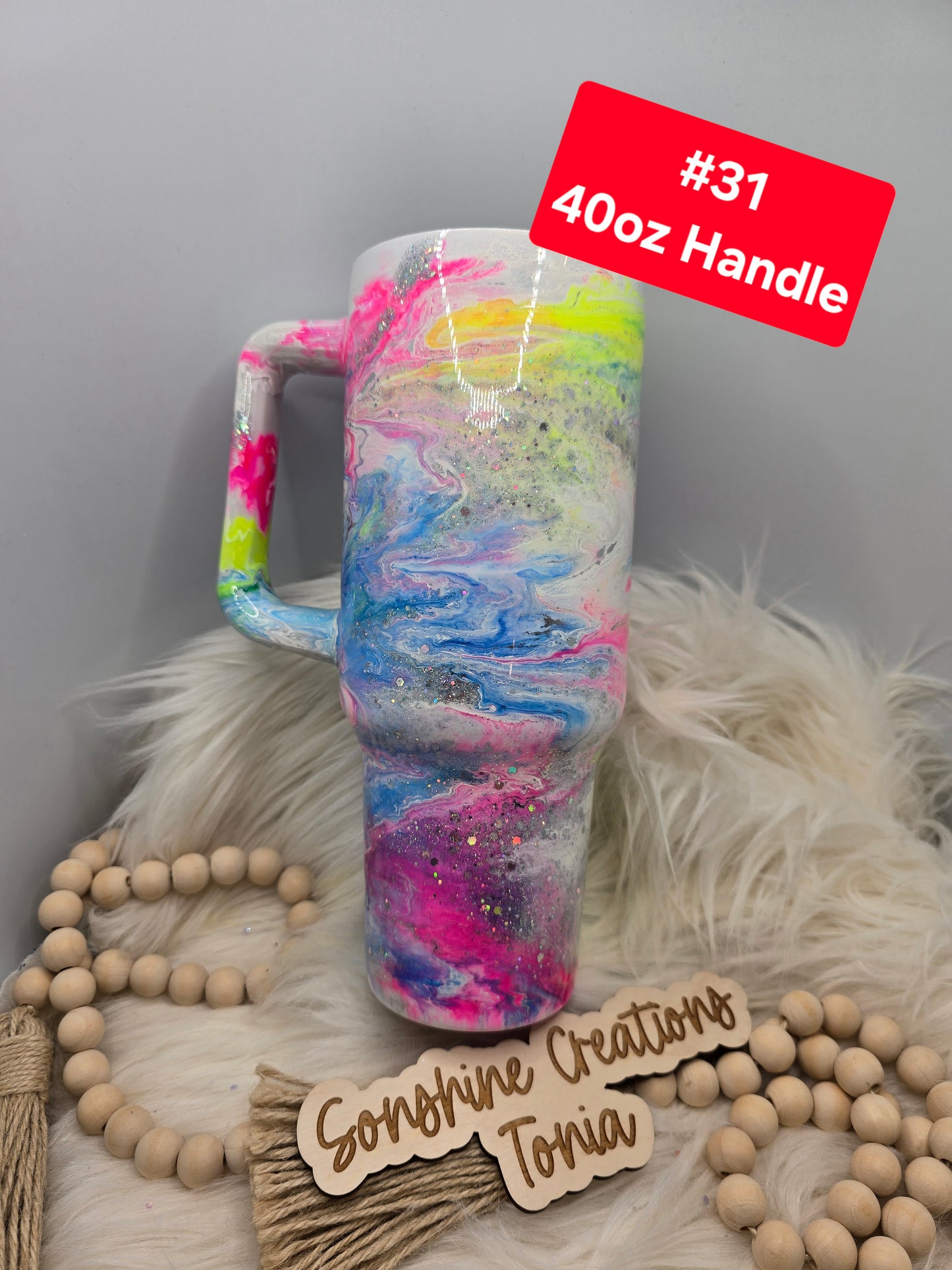 #31 Tonia's Live Creations : 40oz Handle- Neon Zippy elegance **Decal can be added**