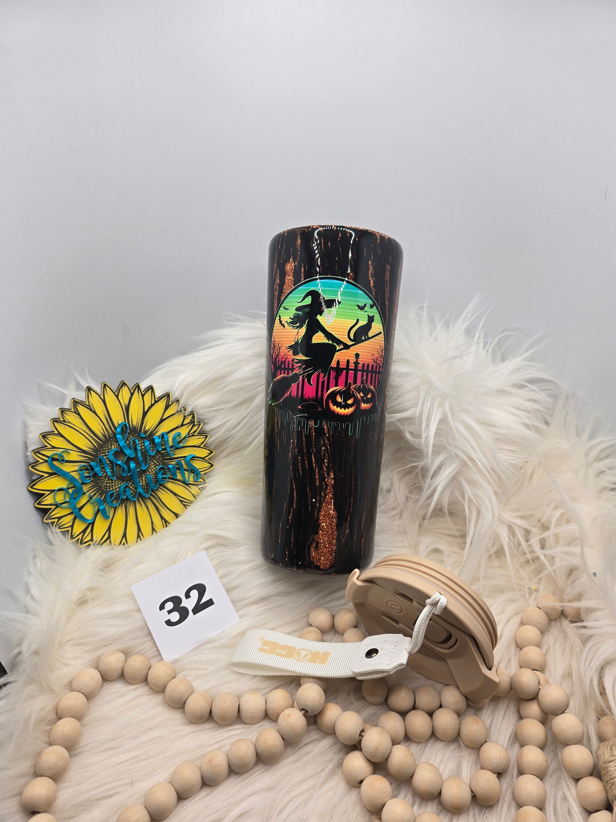 #32 - 24oz Dual Flip, tan lid - Black/Orange Crackle with Witch & Pumpkin