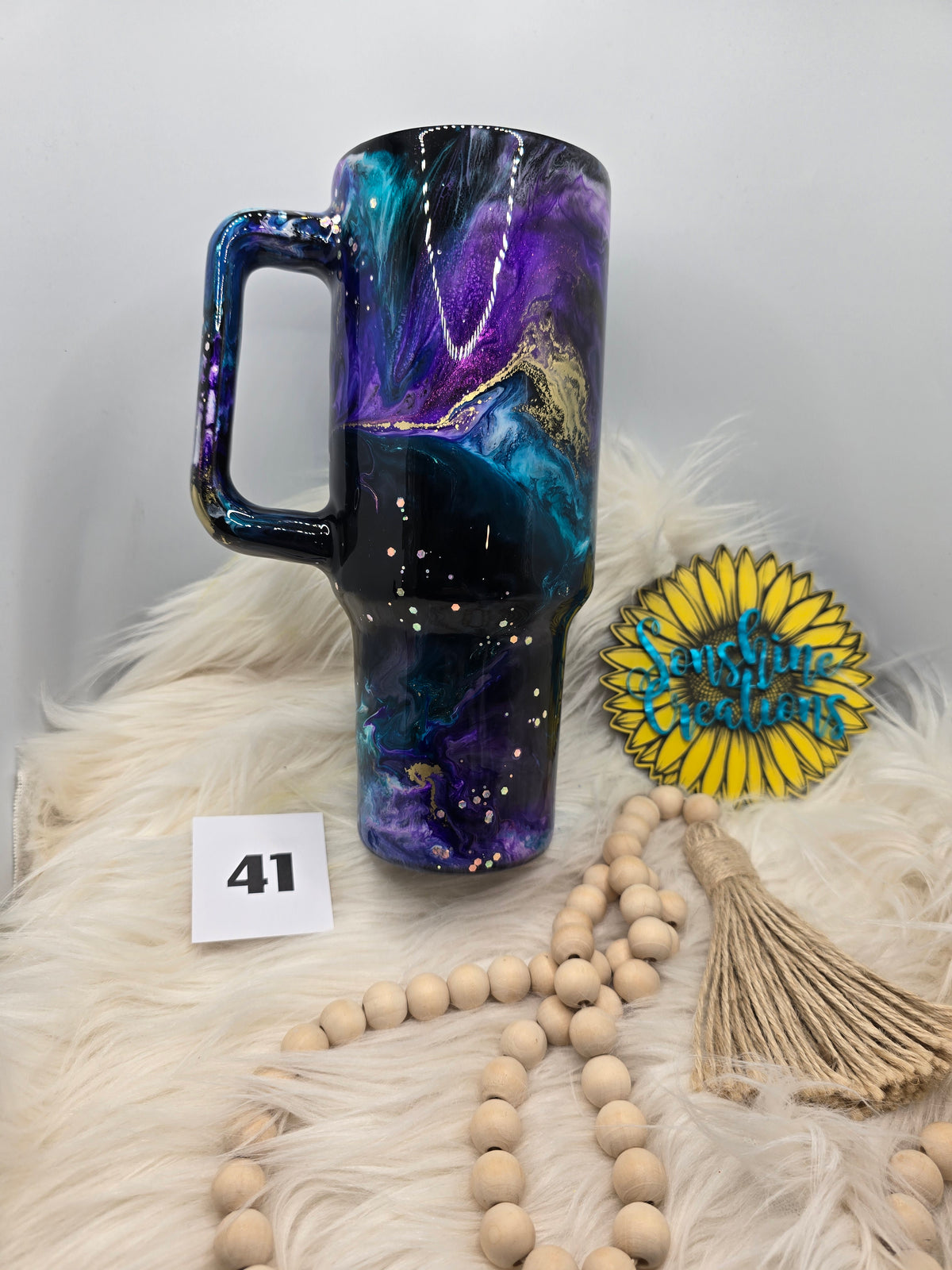 #41 - 40oz Handle - Teal, Purple, & Gold Ink Swirl