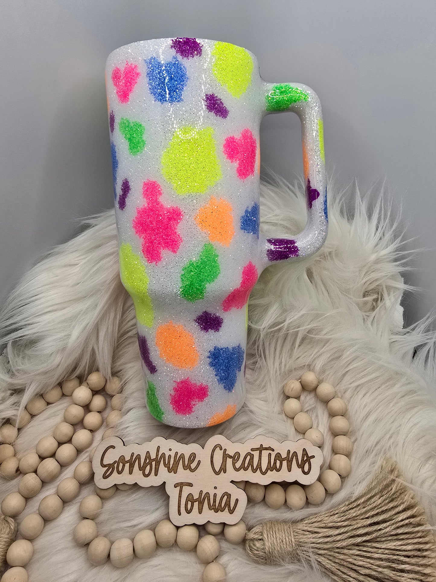 Birthday Drop 06/06/2025 -40oz Handle- Neon glitter cow spots, Cow bow