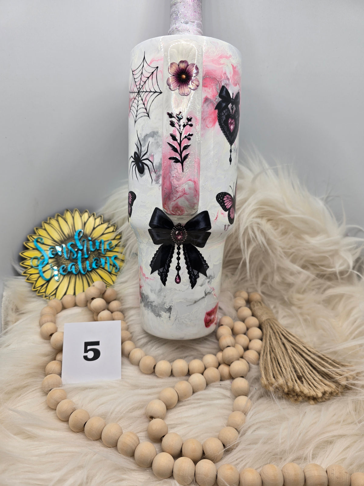 #5 - 40oz Handle - Pink Ink Swirl - Spiderweb Bow