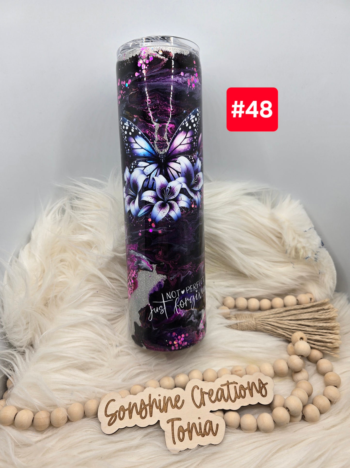 #48 Live Sale 5/03/2026 - 35oz Skinny- Purple Fuchsia black clouds- Butterfly "Not perfect just forgiven"