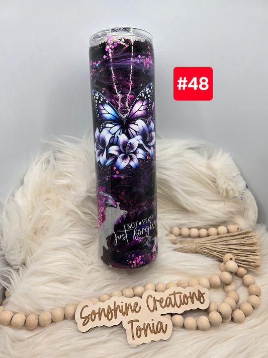 #48 Live Sale 5/03/2026 - 35oz Skinny- Purple Fuchsia black clouds- Butterfly "Not perfect just forgiven"