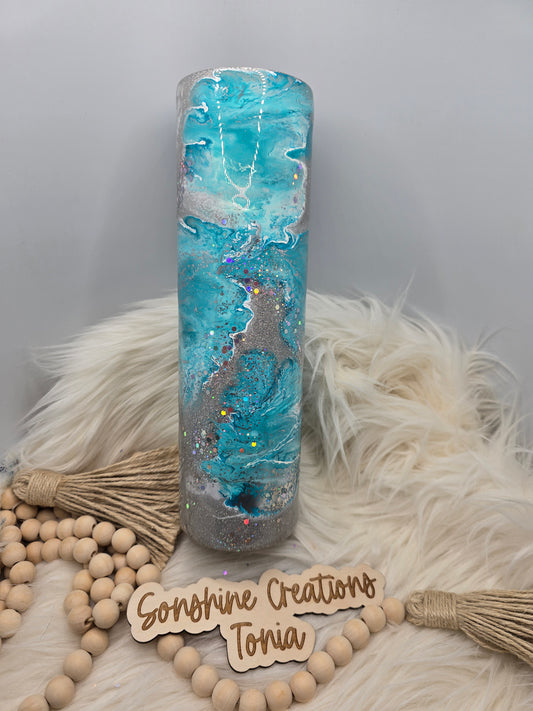 10/03/25 Tonia's Live Creations - 35oz Skinny- Teal and silver clouds (Can add decal)