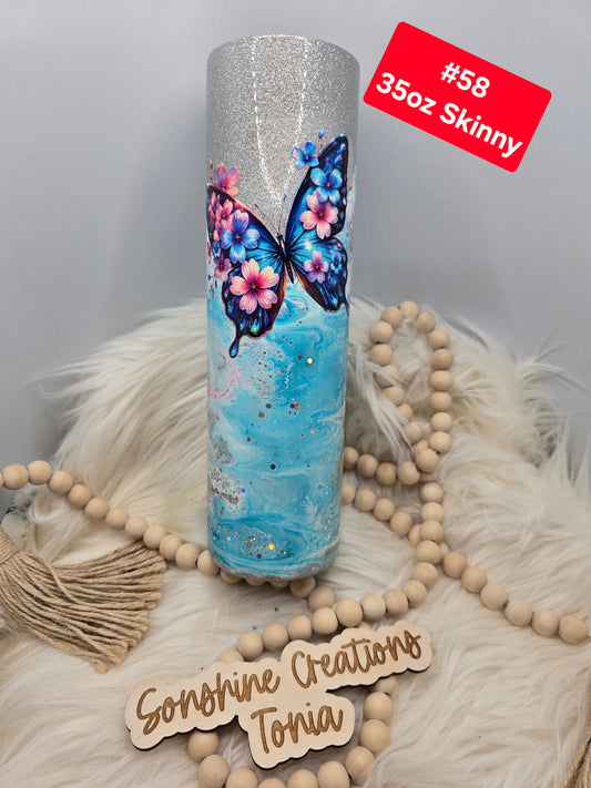 #58 Tonia's Live Creations : 35oz Skinny- Blue pink clouds- Butterfly